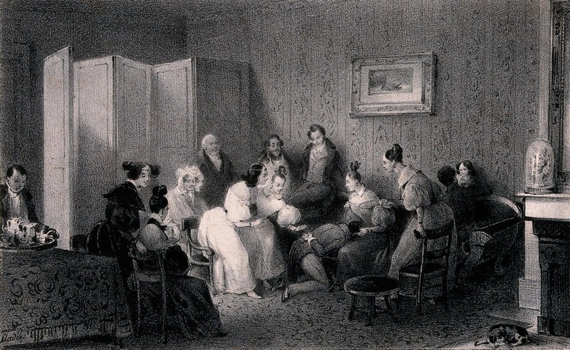 A group of men and women who appear to be playing a parlour game with a man's head in a lady's lap. Lithograph by de C. Motte after J.B. Madou., by Jean Baptiste Madou