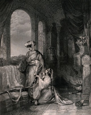 A Turkish man about to bid farewell to his lover, while gazing out of a window to the sea. Engraving by H. T. Ryall after H. Andrews.