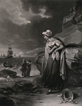 A young woman watching from a beach while a rowing boat carries a man, waving farewell, to a ship in the distance. Aquatint by J.P.M. Jazet, 1829, after H. Corbould.