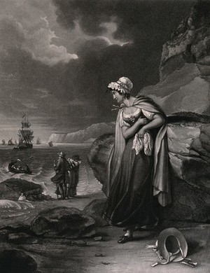 view A young woman watching from a beach while a rowing boat carries a man, waving farewell, to a ship in the distance. Aquatint by J.P.M. Jazet, 1829, after H. Corbould.