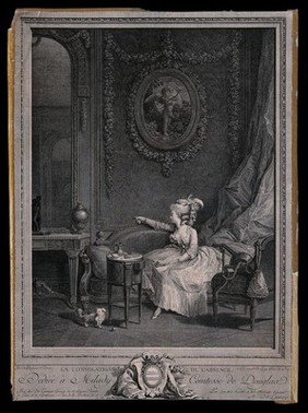 A young woman sits looking longingly at a locket which holds the portrait of the man she loves, who is away from her. Engraving by N. De Launay after N. Lavreince.