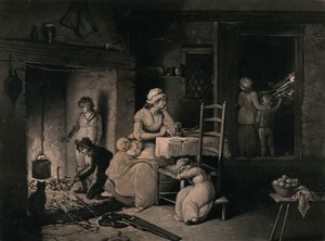 view A wife waits on a stormy night for the return of her husband, with two of the children standing by an open door and his slippers by the hearth. Mezzotint.