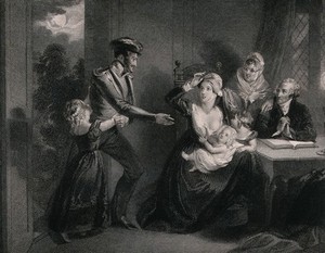 view A soldier unexpectedly arrives home from the wars and is greeted with surprise by his family. Engraving by J. Goodyear after Miss L. Sharpe.