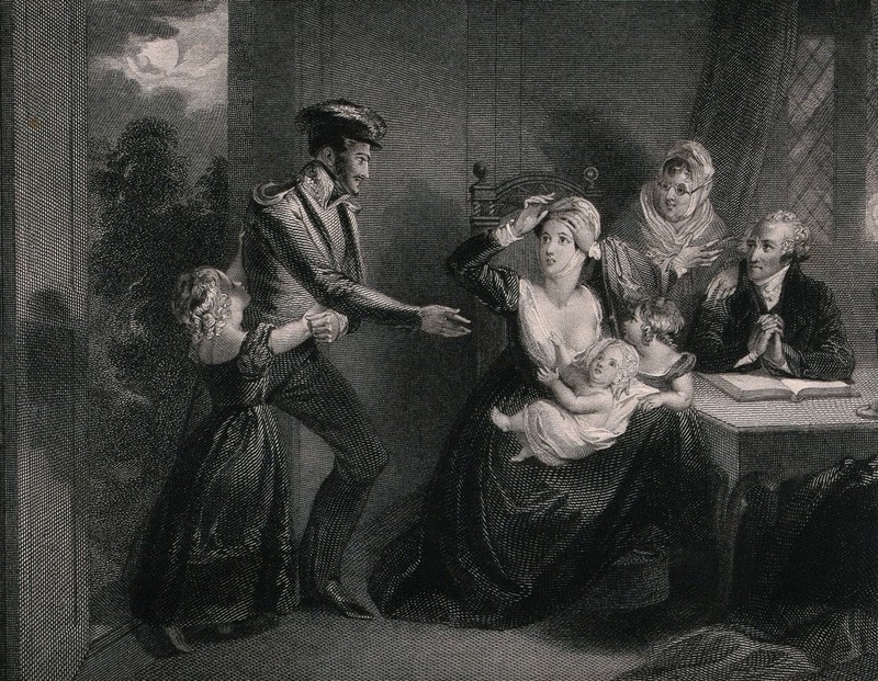A soldier unexpectedly arrives home from the wars and is greeted with surprise by his family. Engraving by J. Goodyear after Miss L. Sharpe., 1832, by Louisa Sharpe
