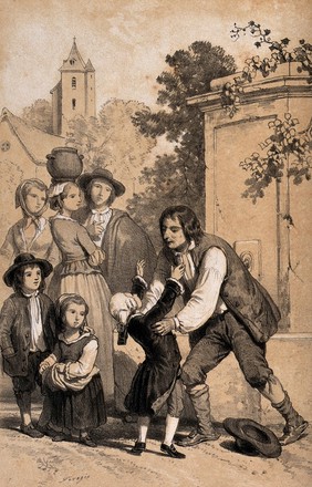 A child in a wig and affluent clothing greets and is greeted by a poor looking man, while village people look on. Tinted lithograph by Terogio.