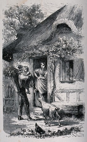 A family at the door of their thatched cottage with the child in the father's arms and the mother in the doorway. Wood engraving.