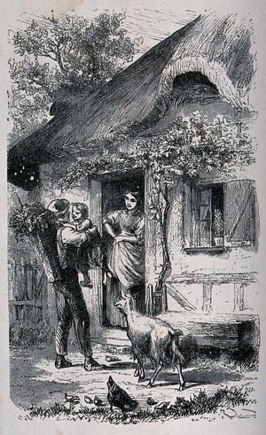 view A family at the door of their thatched cottage with the child in the father's arms and the mother in the doorway. Wood engraving.