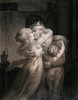 A soldier returns and is greeted with great affection by his wife and child. Stipple engraving by L. Darcis after J.B. Isabey.