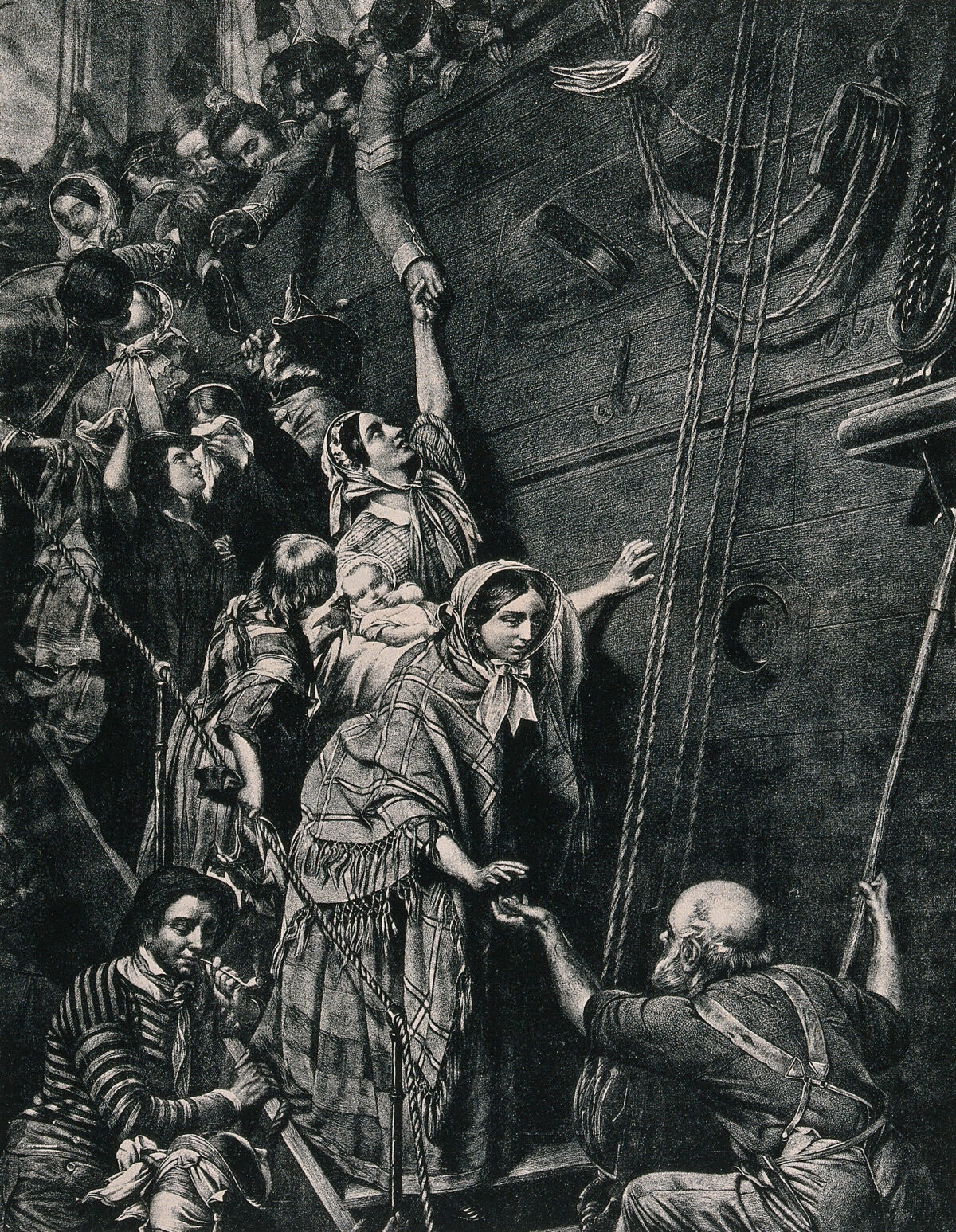 Women taking leave of British soldiers about to depart on ship from England to India, 1857. Process print after Henry O'Neil., 21st February 1891, by Henry Nelson O'Neil