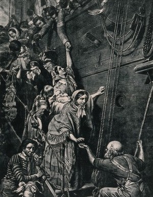 view Women taking leave of British soldiers about to depart on ship from England to India, 1857. Process print after Henry O'Neil.