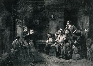 view A family sits and listens to a letter from emigrants being read to them by a young man. Process print after Thomas Faed.