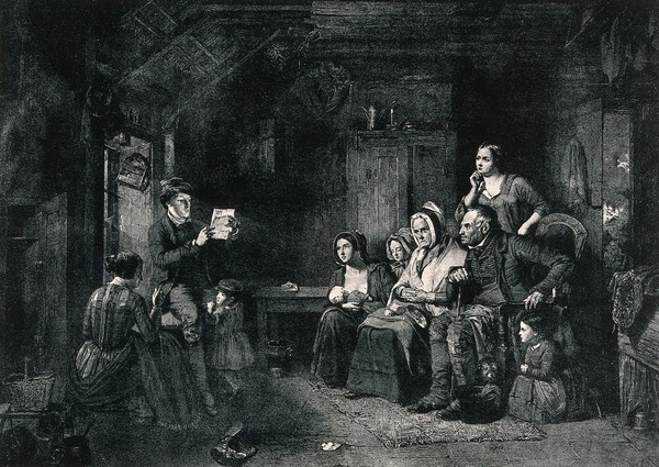 A family sits and listens to a letter from emigrants being read to them by a young man. Process print after Thomas Faed.