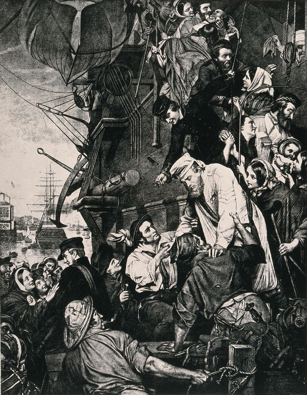 British soldiers disembark as they return home from India to their wives and families. Process print after H.O'Neil., 25th April 1891, by Henry Nelson O'Neil