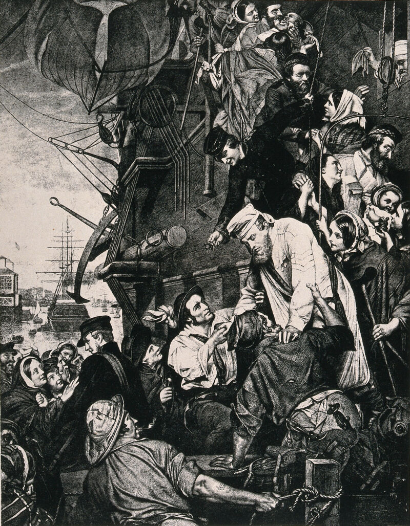 British soldiers disembark as they return home from India to their wives and families. Process print after H.O'Neil., 25th April 1891, by Henry Nelson O'Neil