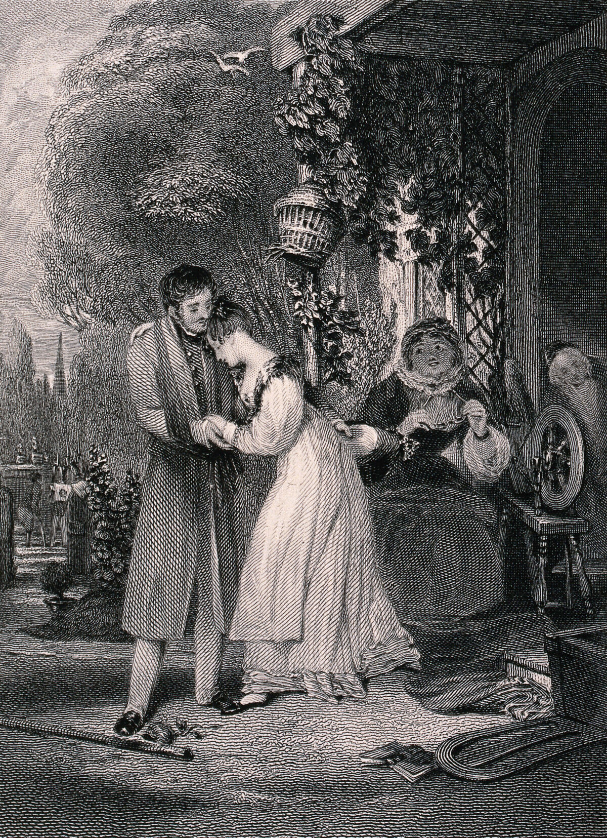 A young woman rushes to embrace her lover, knocking over her chair in her haste and they are watched tenderly by an older woman. Engraving by E. J. Portbury after P. Stephanoff., 1829, by Philip Francis Stephanoff