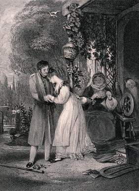 A young woman rushes to embrace her lover, knocking over her chair in her haste and they are watched tenderly by an older woman. Engraving by E. J. Portbury after P. Stephanoff.