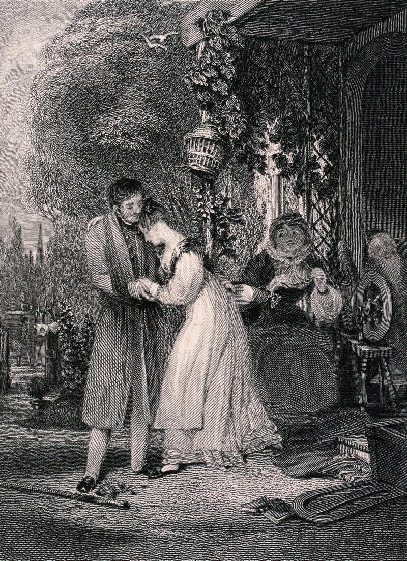 A young woman rushes to embrace her lover, knocking over her chair in her haste and they are watched tenderly by an older woman. Engraving by E. J. Portbury after P. Stephanoff., 1829, by Philip Francis Stephanoff