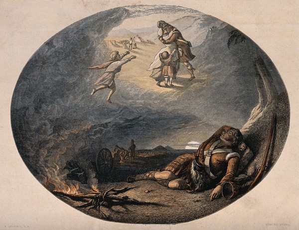 A Scottish soldier sleeping after battle dreams of a reunion with his wife and family. Colour wood engraving by Edmund Evans after F. Goodall.