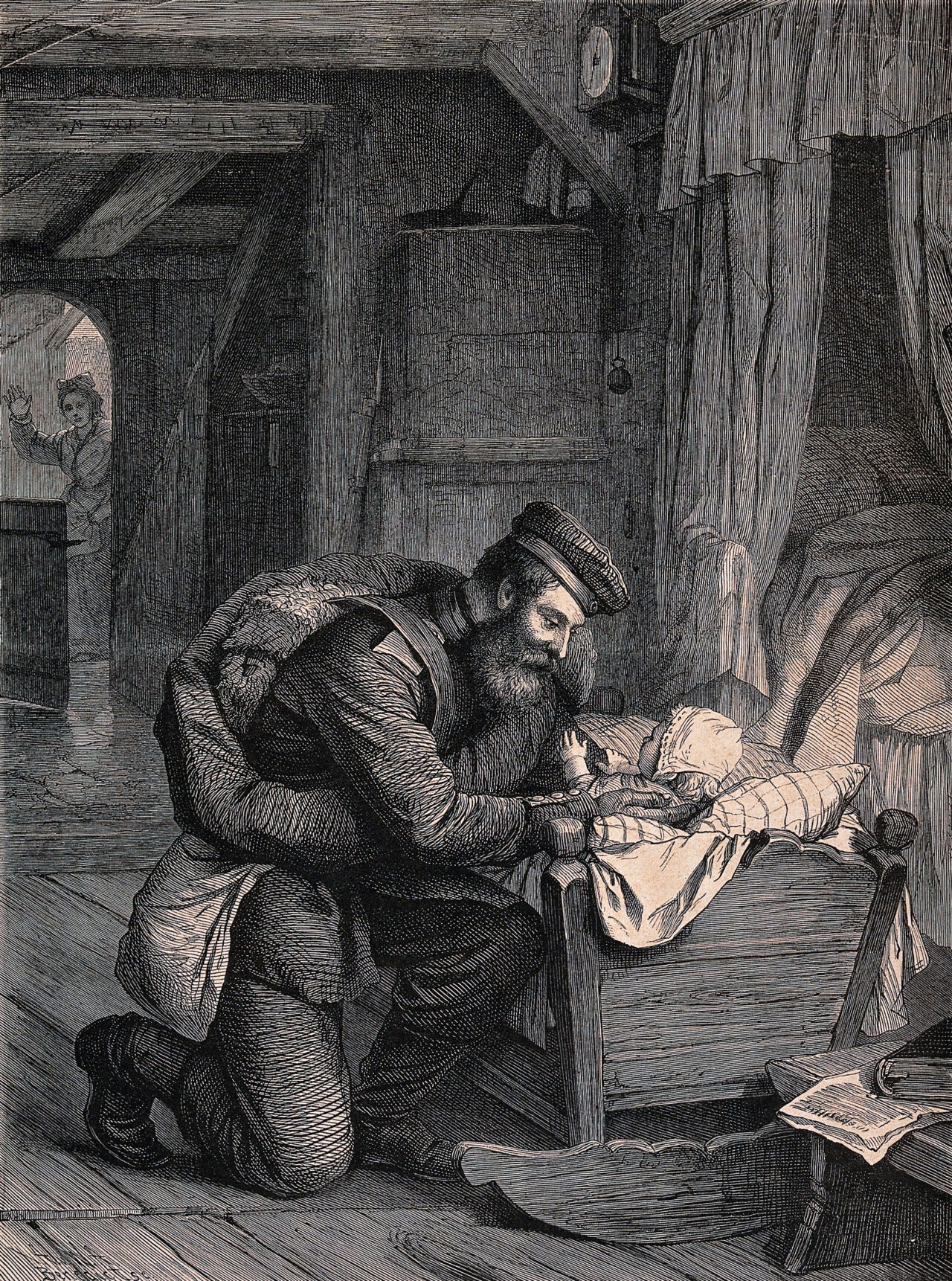 A soldier returns and goes first to embrace his child, his wife in the background waves to remind him of her presence also. Wood engraving by Benedict after Berthold Woltze., by Berthold Woltze