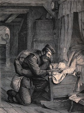 A soldier returns and goes first to embrace his child, his wife in the background waves to remind him of her presence also. Wood engraving by Benedict after Berthold Woltze.