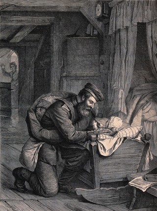 A soldier returns and goes first to embrace his child, his wife in the background waves to remind him of her presence also. Wood engraving by Benedict after Berthold Woltze.