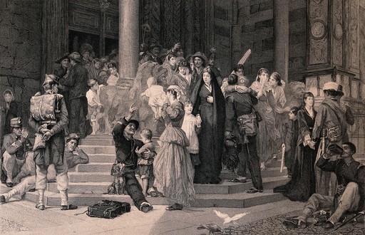 Families gather on the steps of a building to greet the men who are returning home after military service. Engraving by A. Danse after Frank W.W. Topham.