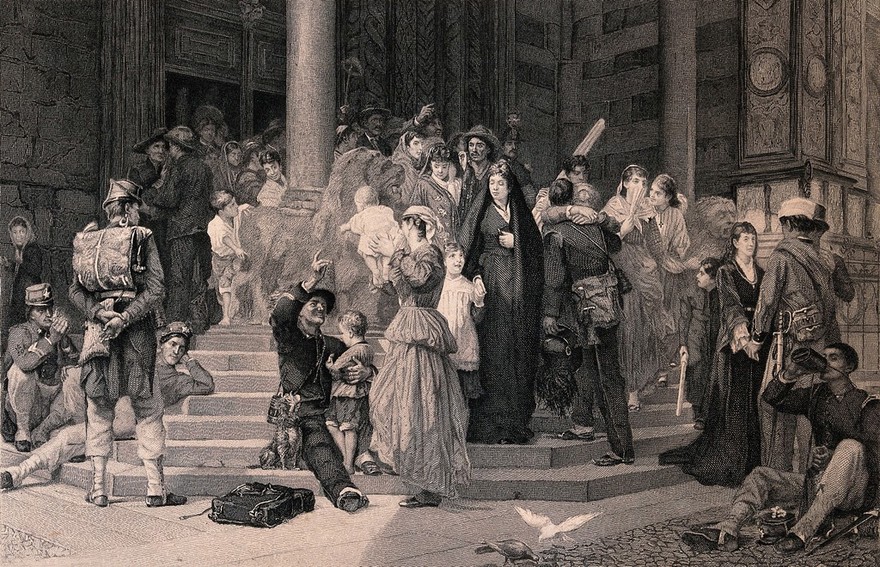 Italian families gather on the steps of Santa Maria Maggiore, Bergamo, to greet men who are returning home after military service. Engraving by A. Danse, 1882, after Frank W.W. Topham, 1879.