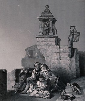 Peace: a family rests and plays on the turret of a building, the bell rope is broken and they can enjoy peace. Engraving by P. Lightfoot after James Drummond.