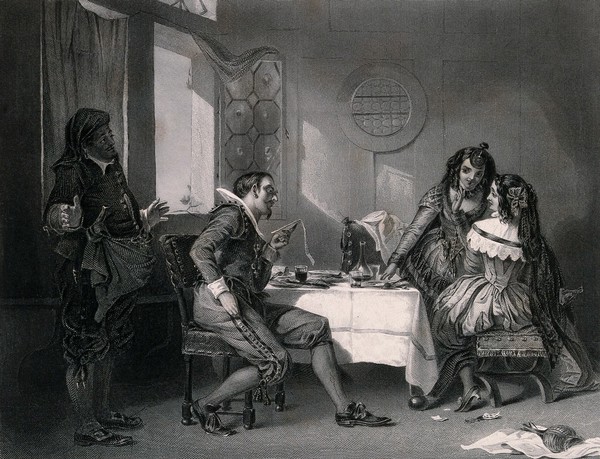 A man is horrified at the high cost of a meal in a tavern while the two women whom he has entertained enjoy his discomfort. Engraving by S. Sangster, 1851, after A.L. Egg.