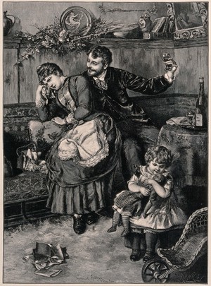 view After a quarrel that has reduced his wife to tears, a husband makes an attempt at reconciliation by raising a glass and laughing. Wood engraving P. Sommer for R. Bong XA after E. Spitzer.