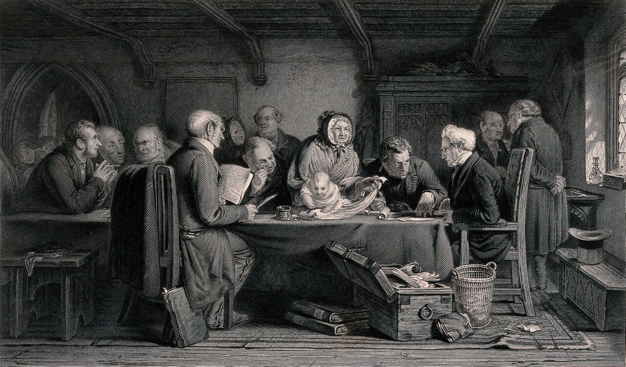 A Parish Board of Guardians discusses what to do with a foundling. Engraving., by George Bernard O'Neill