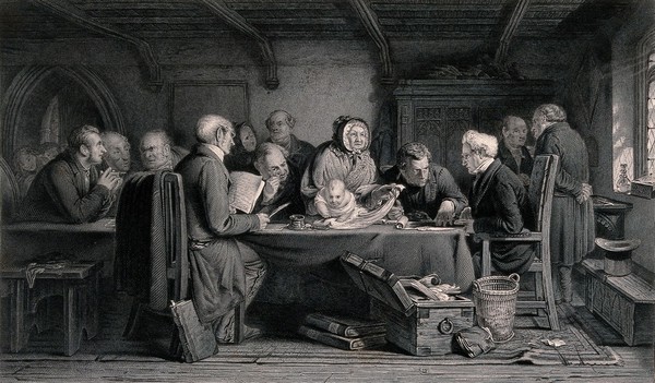 A Parish Board of Guardians discusses what to do with a foundling. Engraving.
