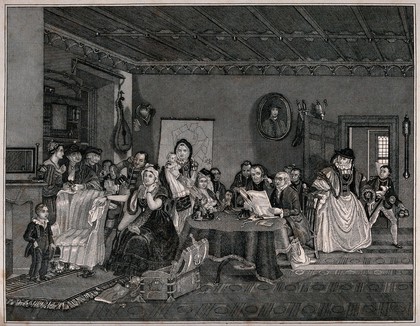 A family gathers to hear the last will and testament of a deceased member with the old lady by the door looking startled. Engraving after D. Wilkie.