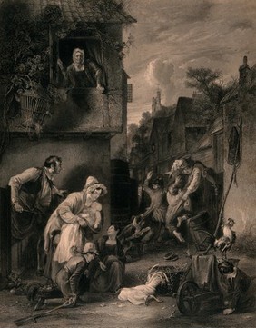 A group of urchins have caused havoc in a farmyard and killed a cockerel but they are pursued by the dog and a man with a birch stick. Engraved by Charles Rolls after Alexander Fraser.