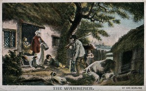 view A cottager returns to his family with two rabbits he has shot. Coloured process print after George Morland.
