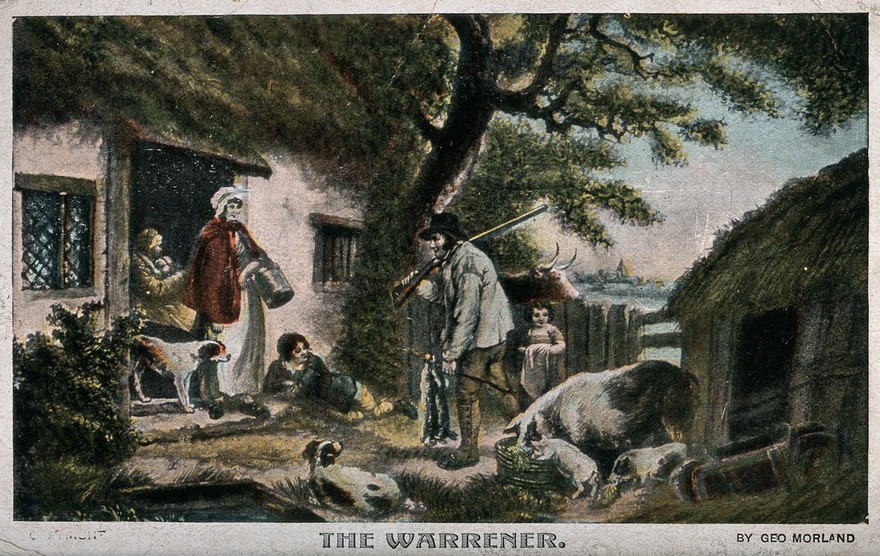 A cottager returns to his family with two rabbits he has shot. Coloured process print after George Morland.