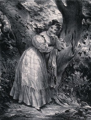 view A young woman leans against a tree while she waits for her lover. Lithograph after H. Decaisne.