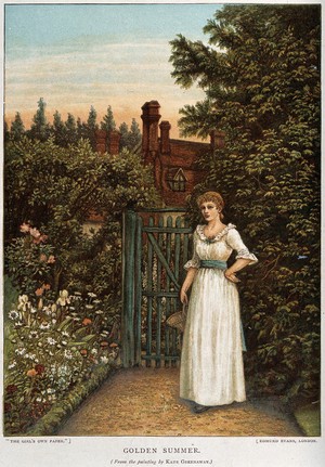 view A young woman waiting in a garden by the gate. Photograph after Kate Greenaway.