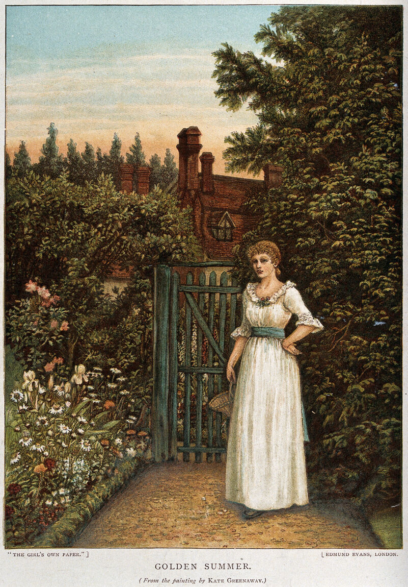 A young woman waiting in a garden by the gate. Photograph after Kate Greenaway., by Kate Greenaway