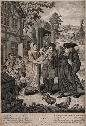 A country farmyard: a woman refuses to let a clergyman walk away with a pig offered as tithes unless he also takes her child. Engraving, 17--.