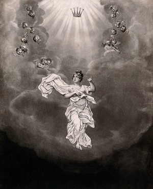 view Princess Charlotte Augusta, holding her deceased child, ascending to heaven after her death in childbirth. Mezzotint, ca. 1818.