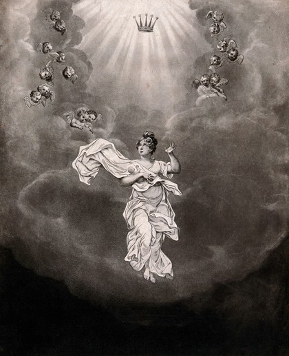 Princess Charlotte Augusta, holding her deceased child, ascending to heaven after her death in childbirth. Mezzotint, ca. 1818.