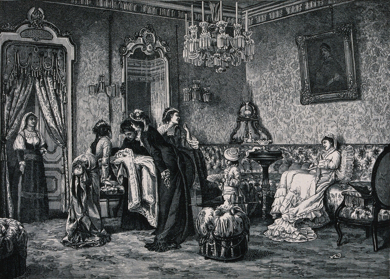 A young mother with a new-born baby is visited by a group of enthusiastic women. Wood engraving after L. Busi., 1800-1899, by Luigi Busi