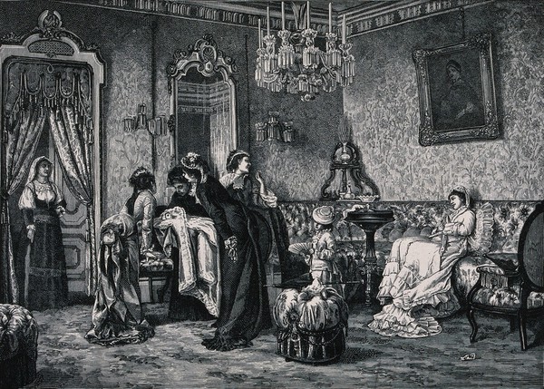 A young mother with a new-born baby is visited by a group of enthusiastic women. Wood engraving after L. Busi.