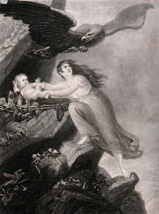 A woman is being attacked by an eagle as she attempts to rescue her baby from the eagle's nest where it has been taken as possible food for the young birds. Mezzotint and etching after G. Dawe.