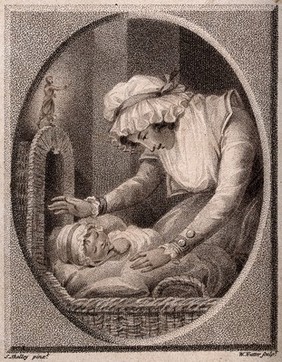 A young mother looks over her baby as it lies sleeping in its crib. Stipple engraving, 1789, by W. Nutter after S. Shelley.