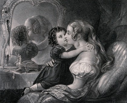 A young woman is sitting weeping in a chair by a mirror with her daughter trying to console her. Stipple engraving by T. Woolnoth after T.A. Woolnoth.