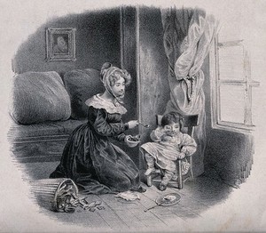 view A child has upset a toy basket and she is refusing to eat the food being offered to her. Lithograph.