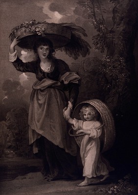 A girl and a child carry baskets on their heads. Engraving.