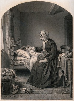 A mother sits by her child's bed stroking his face while he sleeps. Engraving.